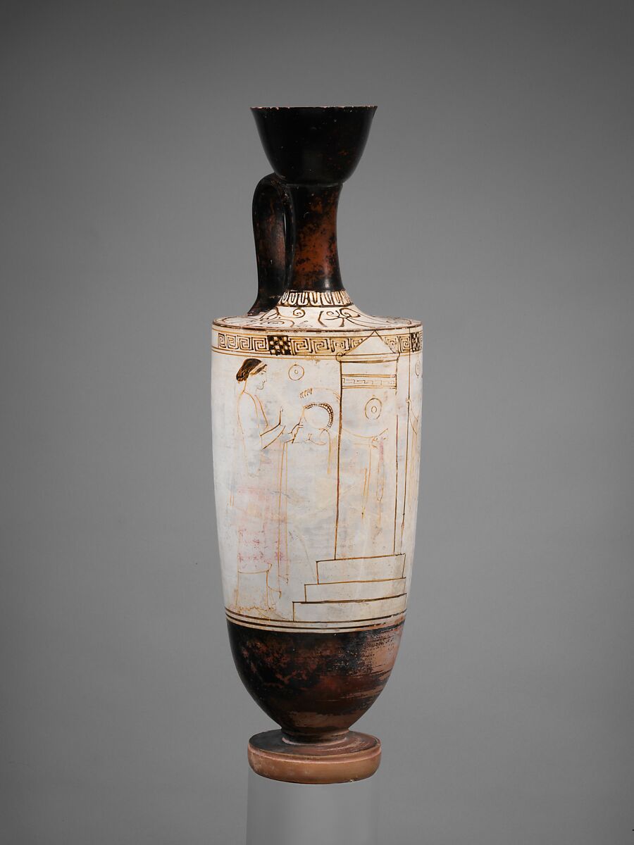 Terracotta lekythos (oil flask), Attributed to the Inscription Painter, Terracotta, Greek, Attic 