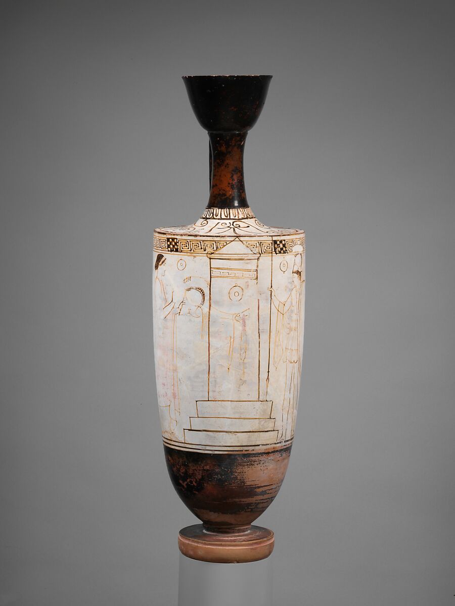 Terracotta lekythos (oil flask), Attributed to the Inscription Painter, Terracotta, Greek, Attic