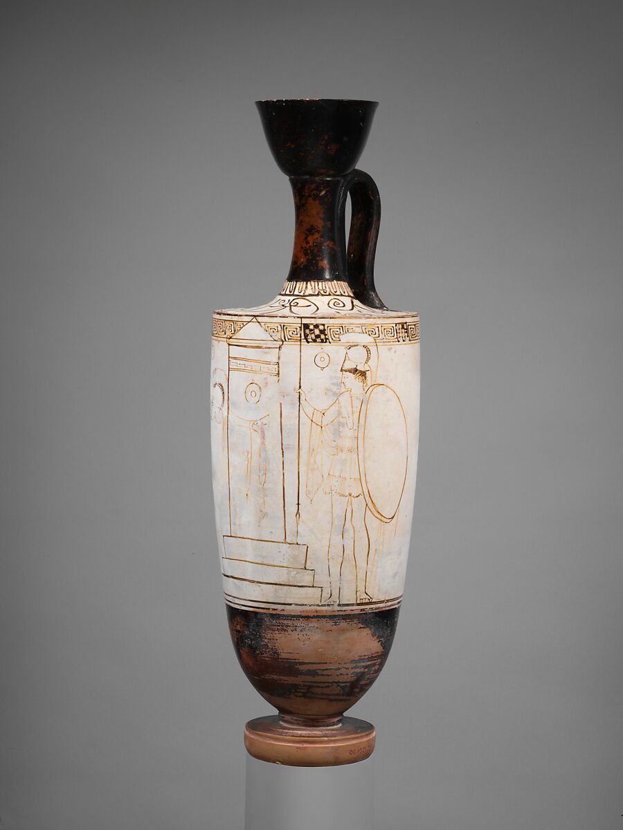 Terracotta lekythos (oil flask), Attributed to the Inscription Painter, Terracotta, Greek, Attic