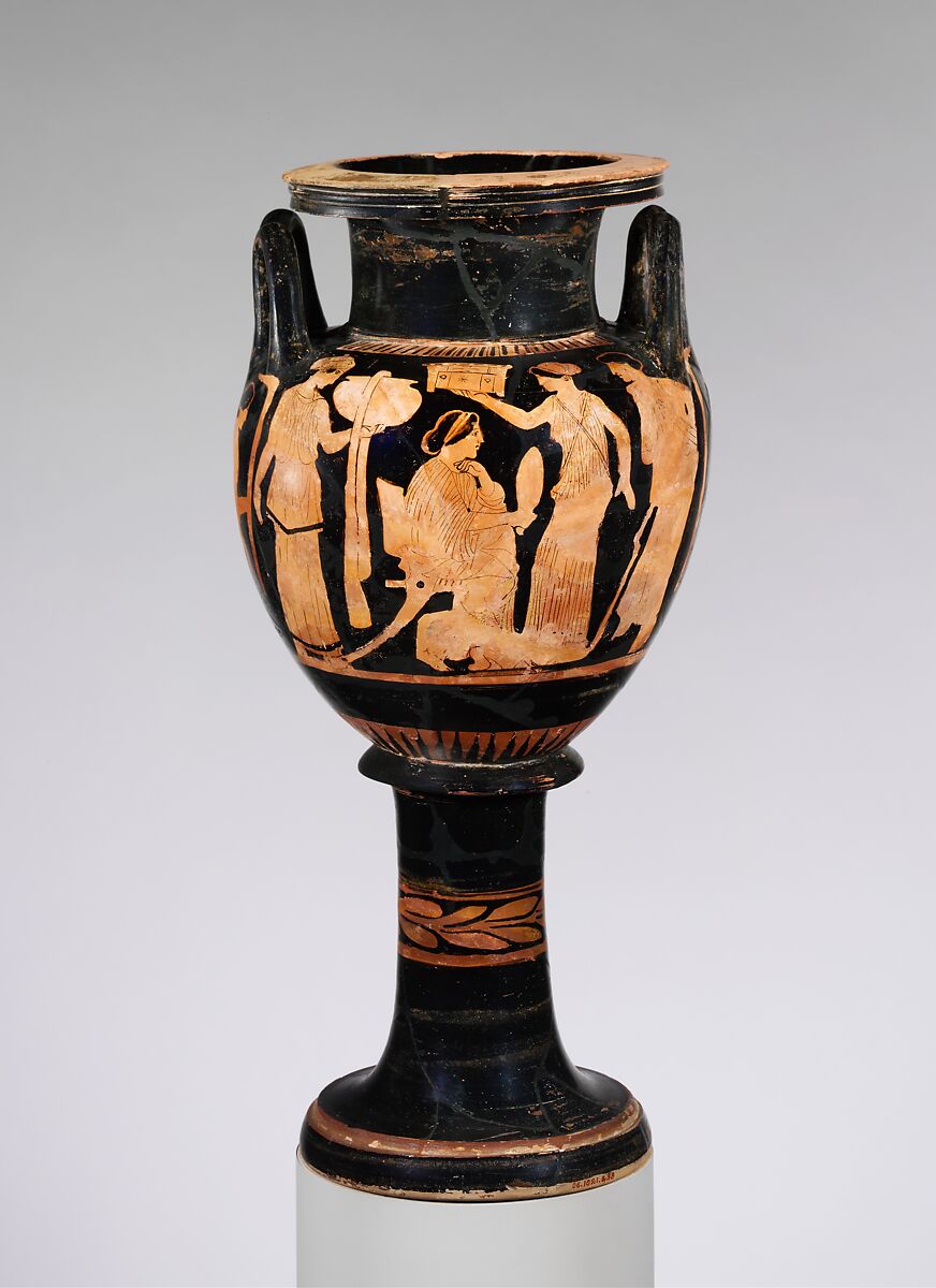 Terracotta lebes gamikos (round-bottomed bowl with handles and stand used in weddings), Attributed to the Naples Painter, Terracotta, Greek, Attic 