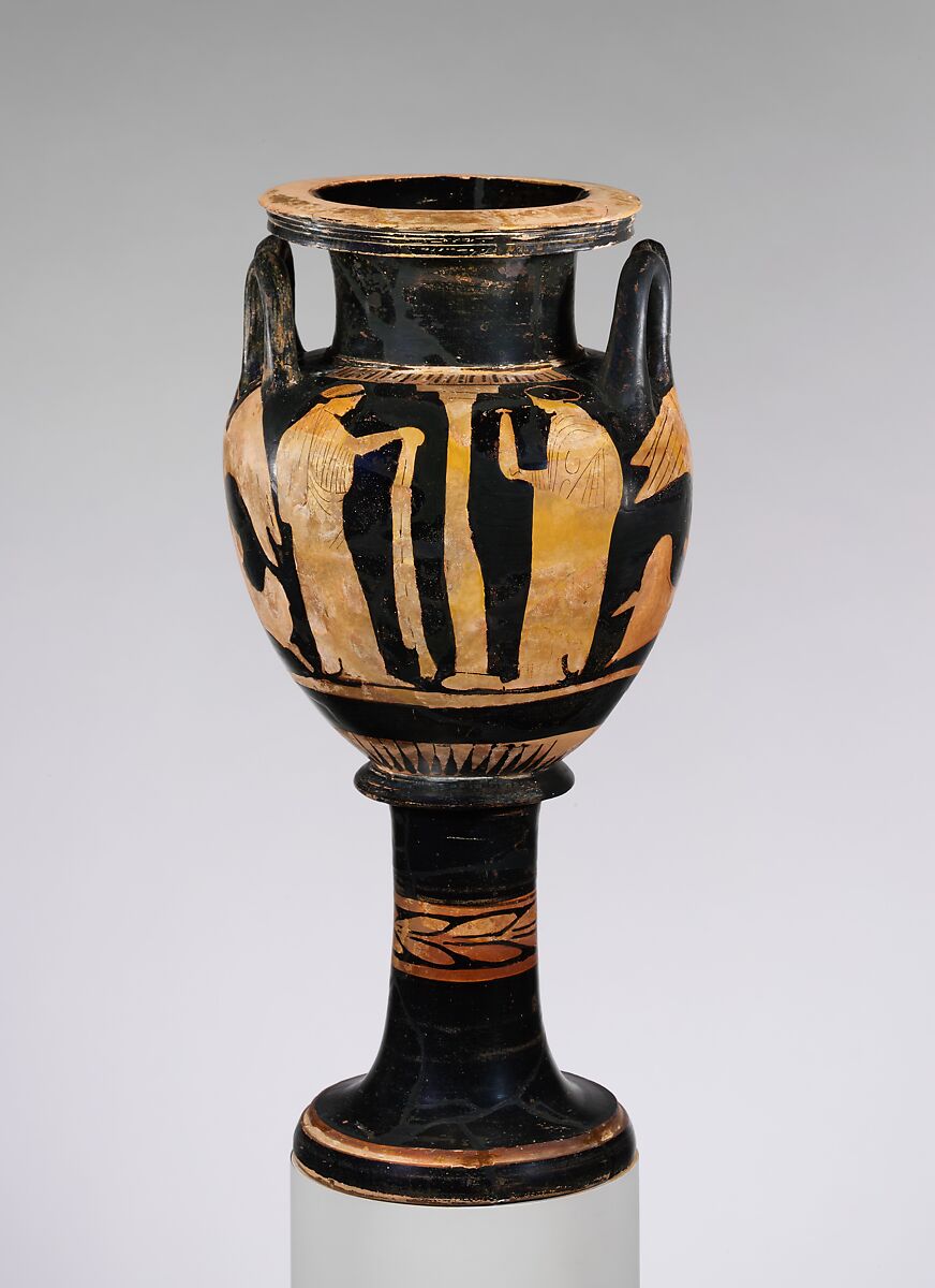 Terracotta lebes gamikos (round-bottomed bowl with handles and stand used in weddings), Attributed to the Naples Painter, Terracotta, Greek, Attic