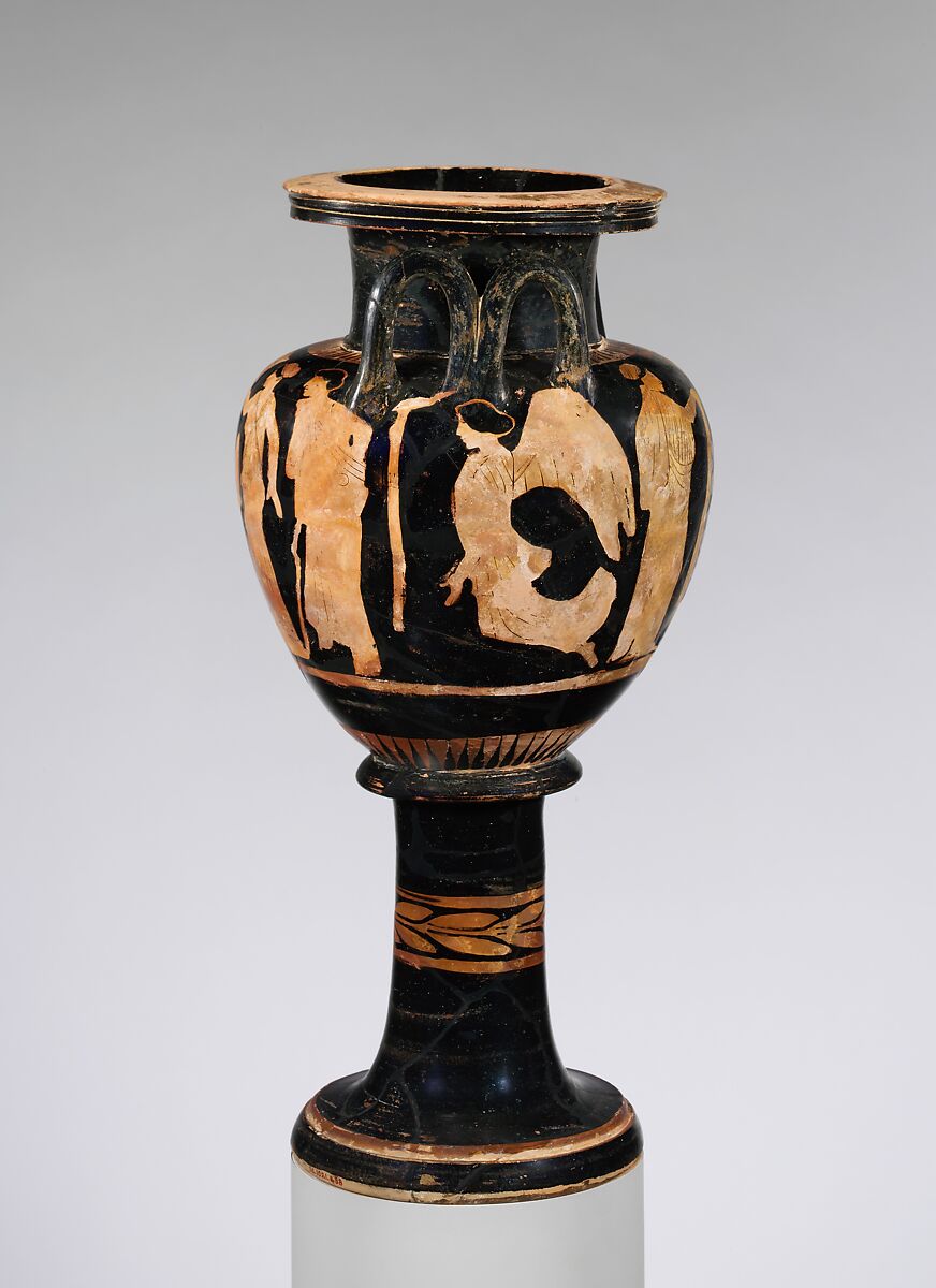 Terracotta lebes gamikos (round-bottomed bowl with handles and stand used in weddings), Attributed to the Naples Painter, Terracotta, Greek, Attic