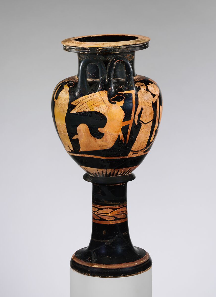 Terracotta lebes gamikos (round-bottomed bowl with handles and stand used in weddings), Attributed to the Naples Painter, Terracotta, Greek, Attic