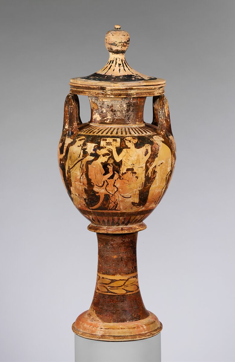 Terracotta lebes gamikos (round-bottomed bowl with handles and stand used in weddings), Attributed to Painter of London 1923, Terracotta, Greek, Attic