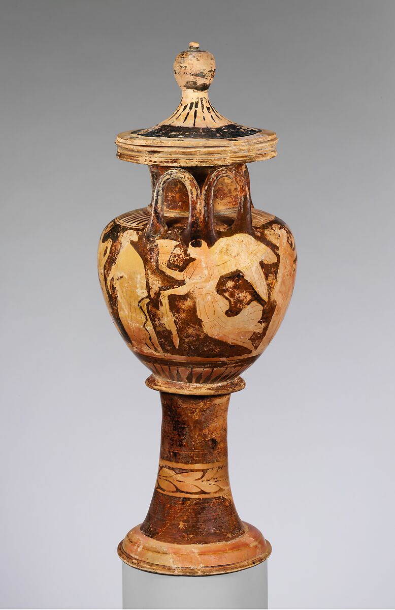 Terracotta lebes gamikos (round-bottomed bowl with handles and stand used in weddings), Attributed to Painter of London 1923, Terracotta, Greek, Attic