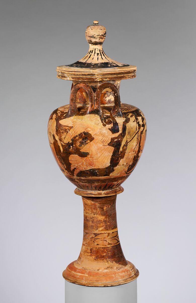 Terracotta lebes gamikos (round-bottomed bowl with handles and stand used in weddings), Attributed to Painter of London 1923, Terracotta, Greek, Attic