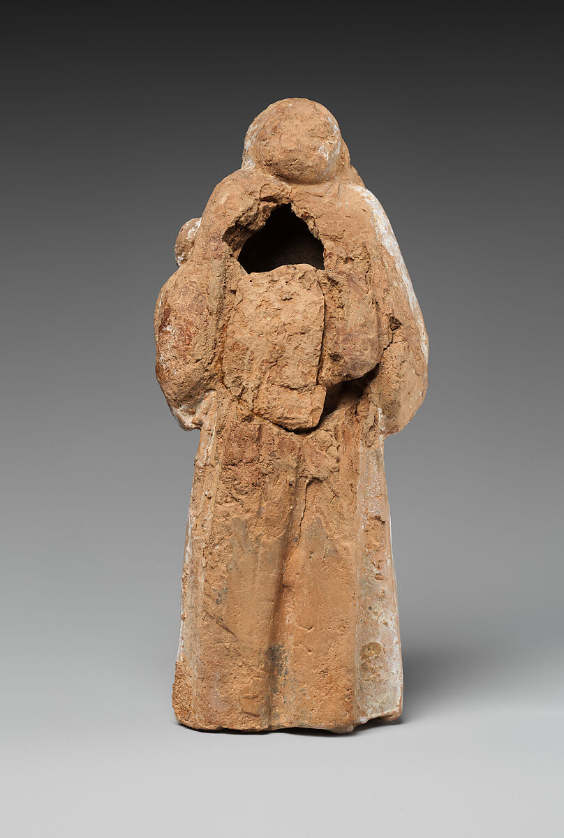 Terracotta statuette of a nurse carrying a child, Terracotta, Greek, possibly Attic