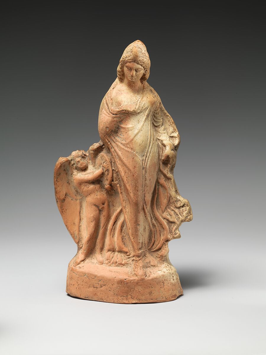 Terracotta statuette of dancing Aphrodite with Eros, Terracotta , Greek, perhaps Corinthian 