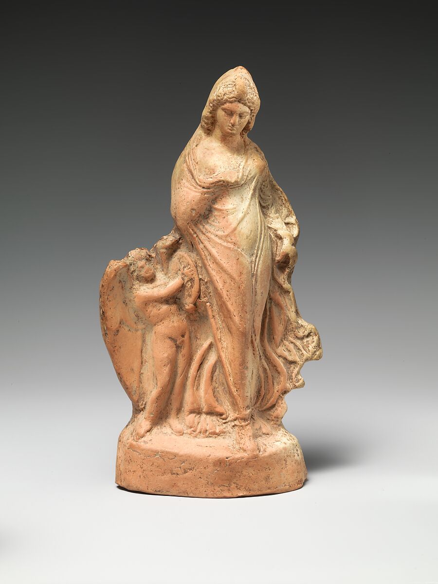 Terracotta statuette of dancing Aphrodite with Eros, Terracotta , Greek, perhaps Corinthian