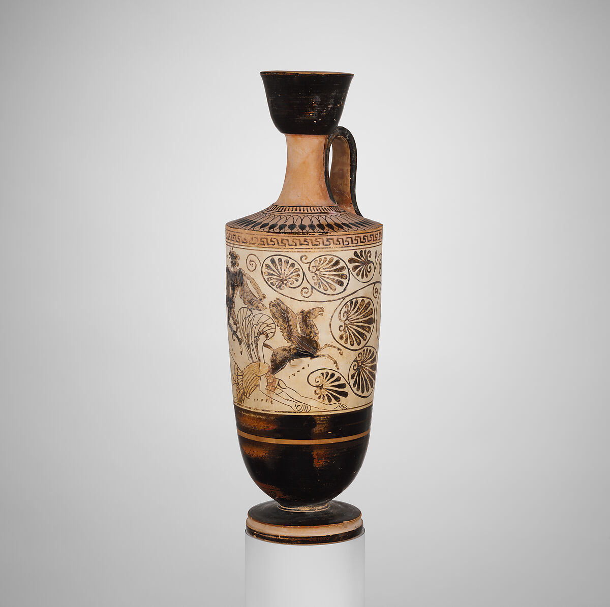Terracotta lekythos (oil flask), Attributed to the Diosphos Painter, Terracotta, Greek, Attic