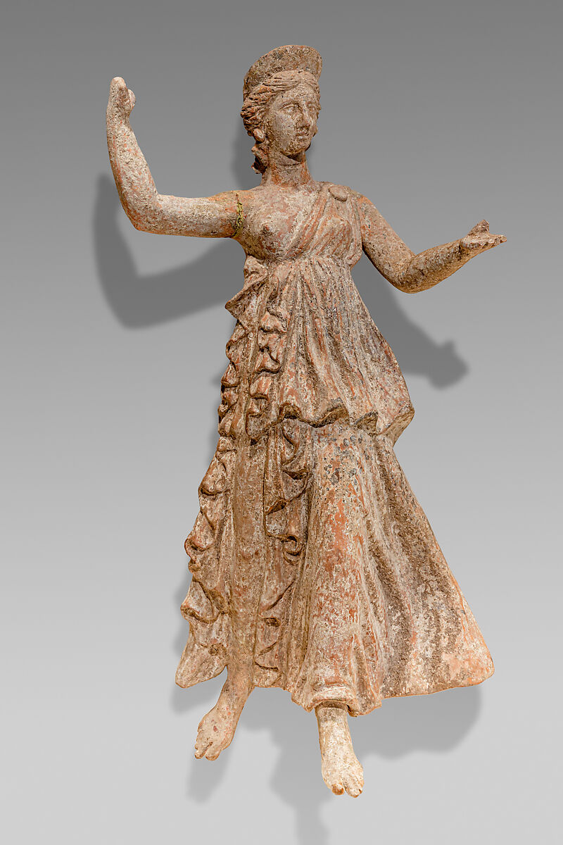 Terracotta statuette of a Nike flying, Terracotta, Greek, Asia Minor, Myrina 