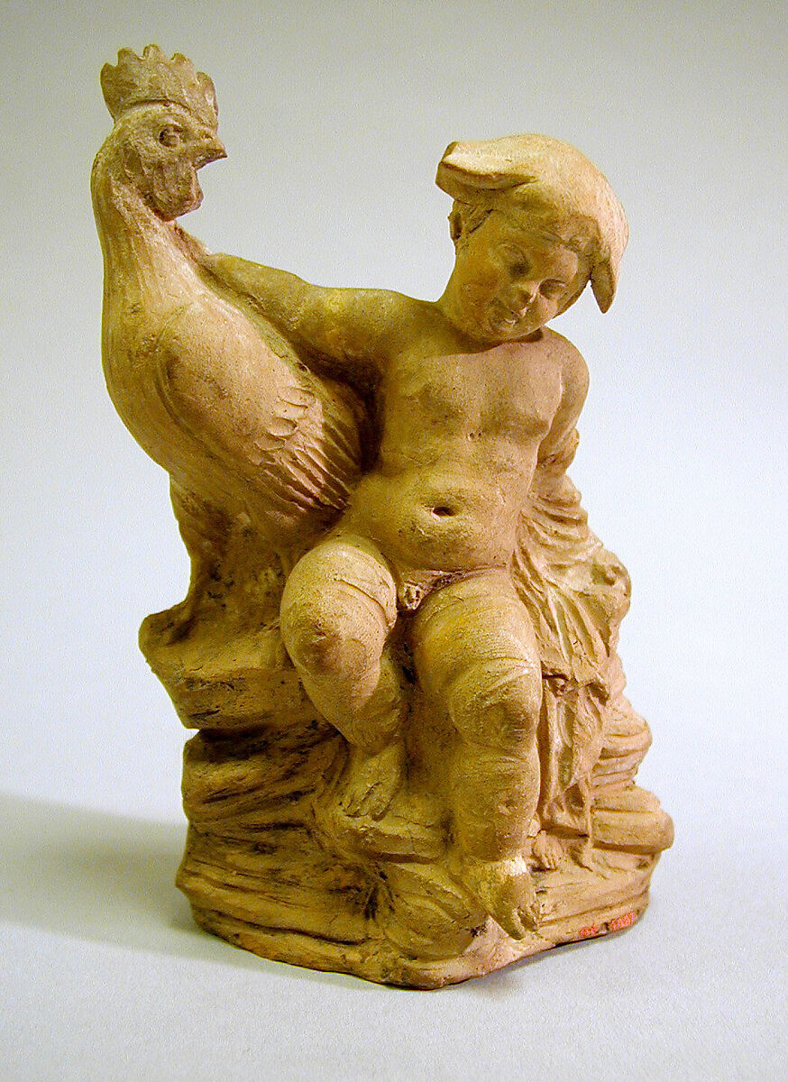 Terracotta statuette of a boy and a rooster, Terracotta, Greek, Asia Minor, Pontus 