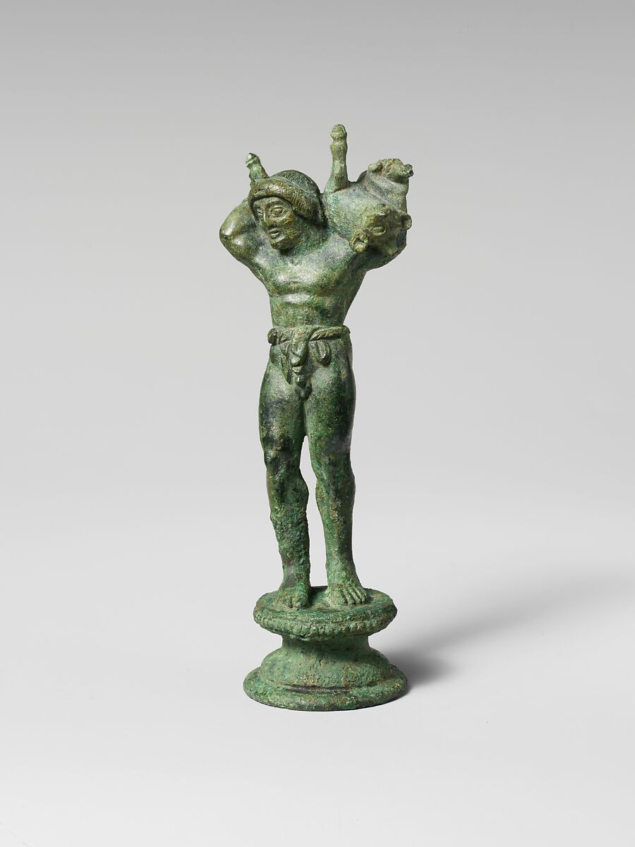 Bronze statuette of a youth carrying a pig, Bronze, Etruscan 