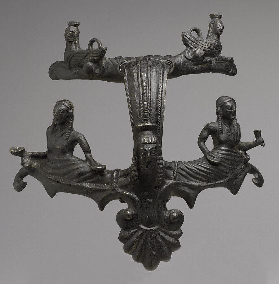 Bronze handle of a hydria (water jar), Bronze, Greek 