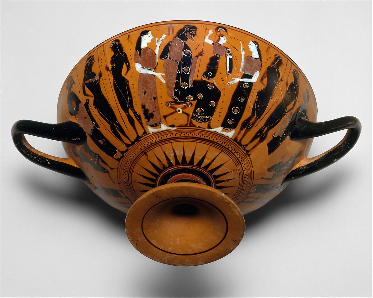 Terracotta kylix (drinking cup), Attributed to the Painter of the Nicosia Olpe, Terracotta, Greek, Attic 