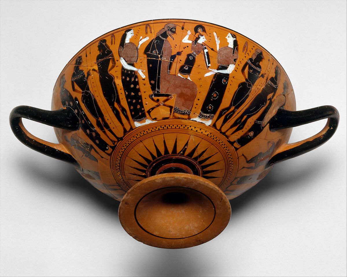 Terracotta kylix (drinking cup), Attributed to the Painter of the Nicosia Olpe, Terracotta, Greek, Attic