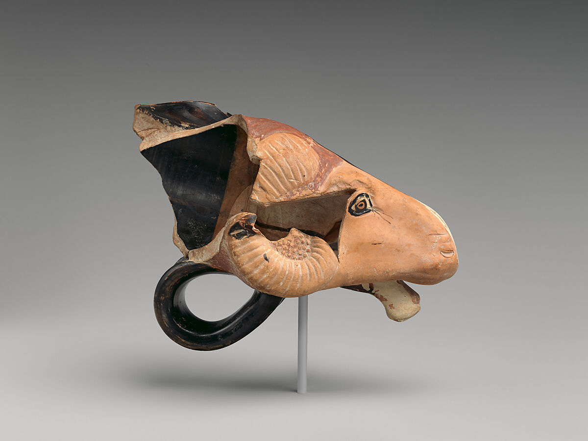 Fragmentary terracotta rhyton (vase for libations or drinking), Attributed to the manner of the Sotades Painter, Terracotta, Greek, Attic