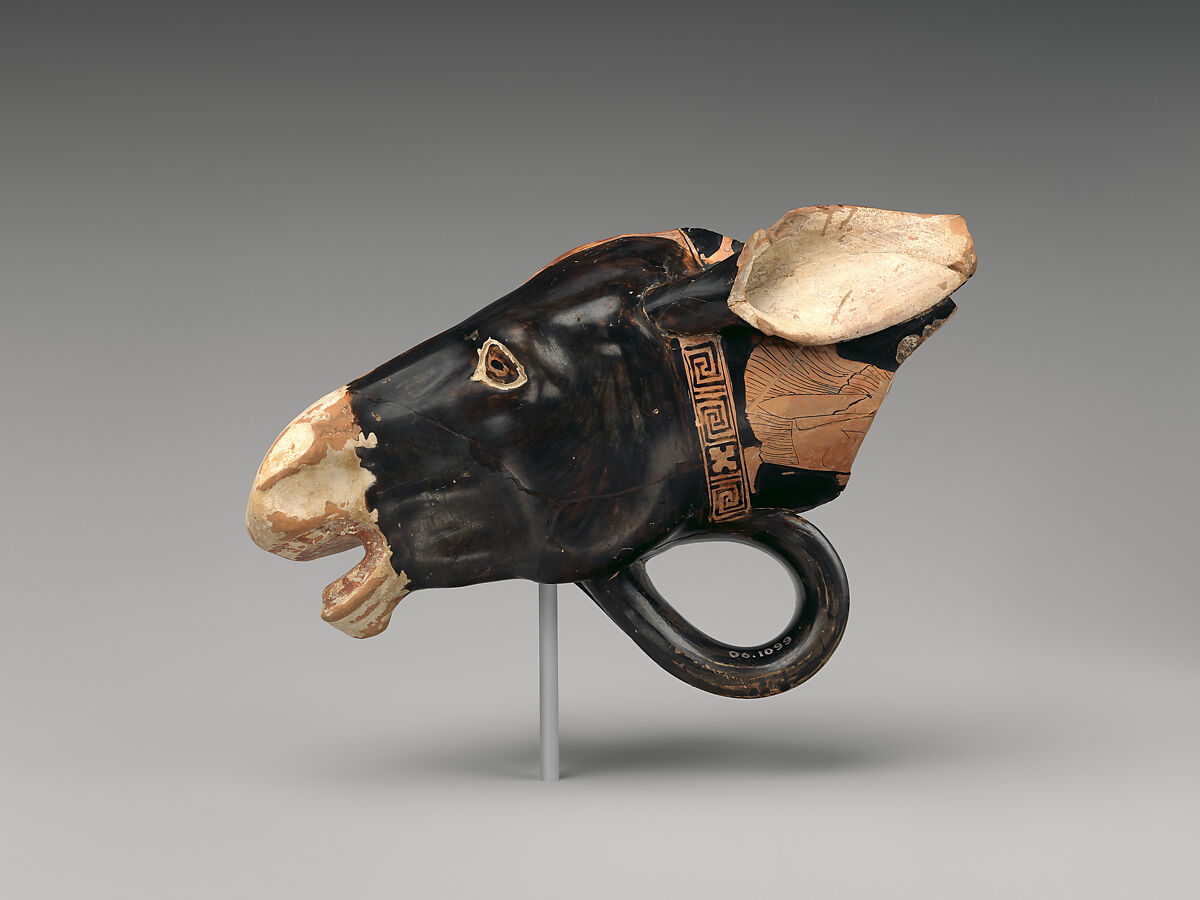 Fragmentary terracotta rhyton (vase for libations or drinking), Attributed to the manner of the Sotades Painter, Terracotta, Greek, Attic 