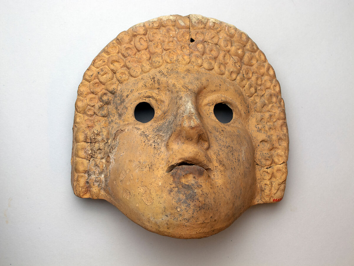 Mask, tragic female, Terracotta, Roman 