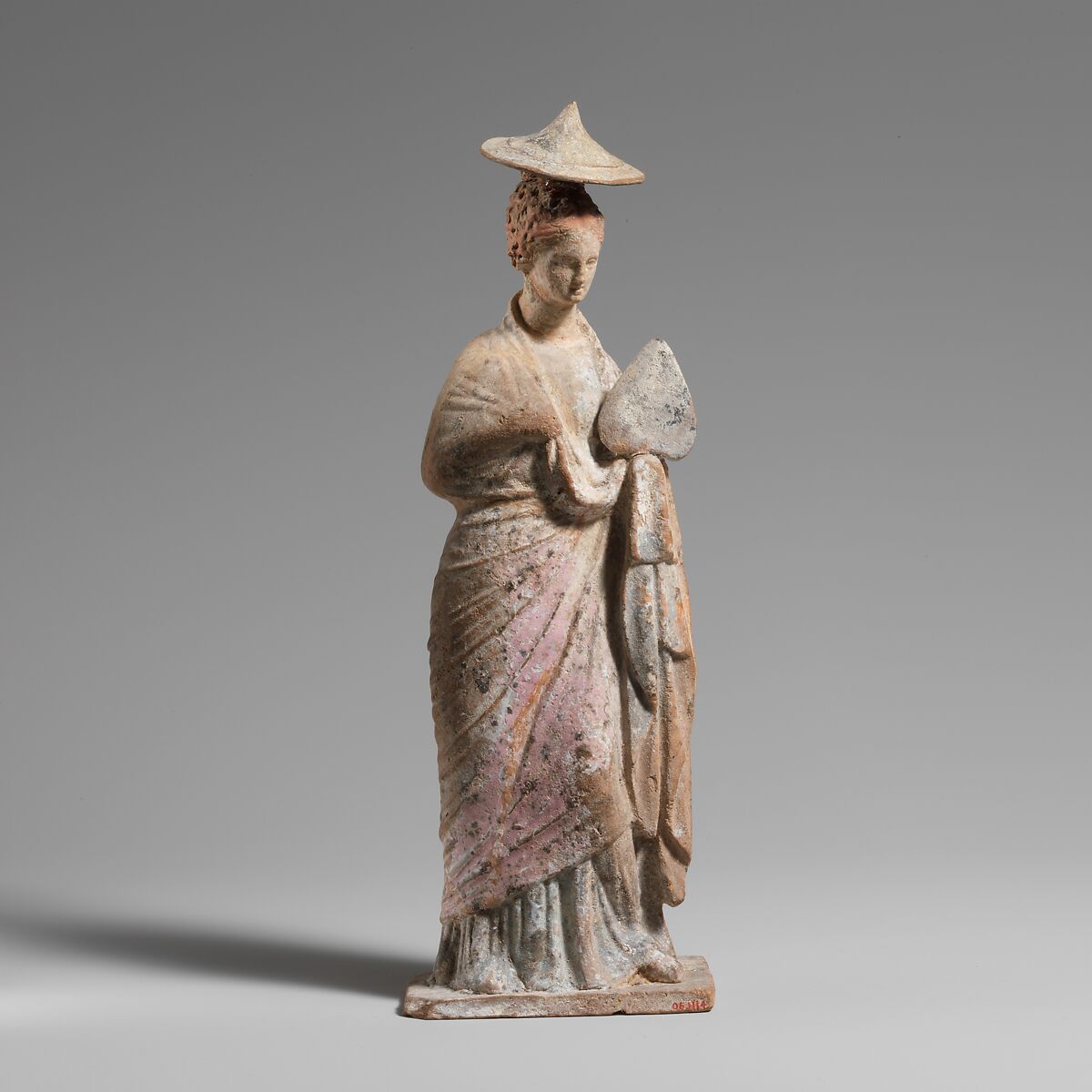 Terracotta statuette of a draped, standing woman, Terracotta, Greek, Boeotian 
