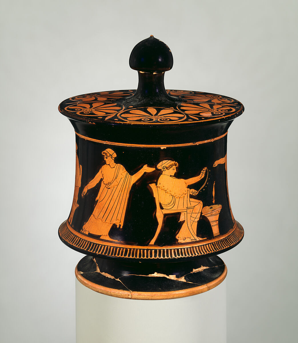 Terracotta pyxis (box) with lid, Attributed to the Painter of Philadelphia 2449, Terracotta, Greek, Attic