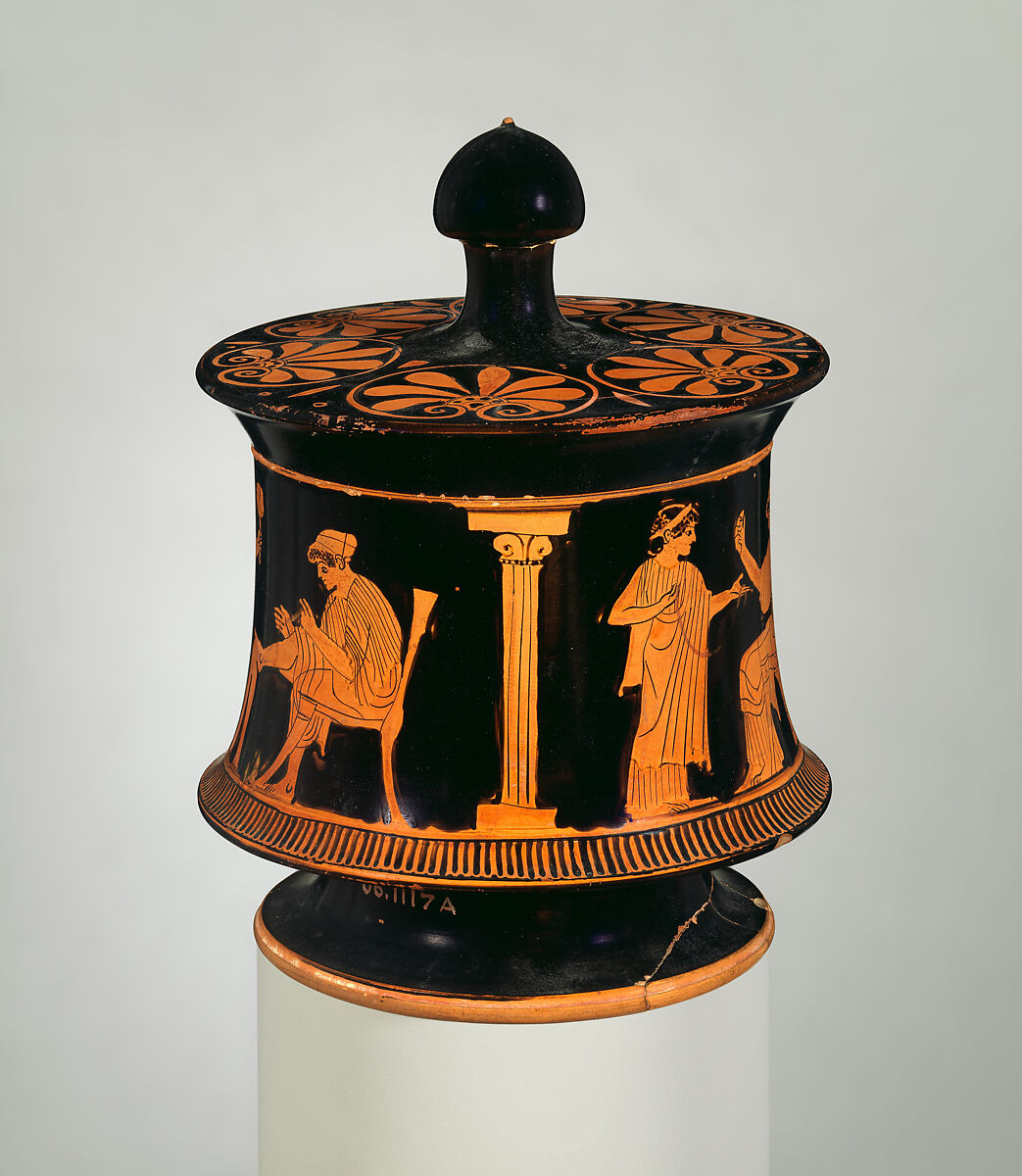 Terracotta pyxis (box) with lid, Attributed to the Painter of Philadelphia 2449, Terracotta, Greek, Attic