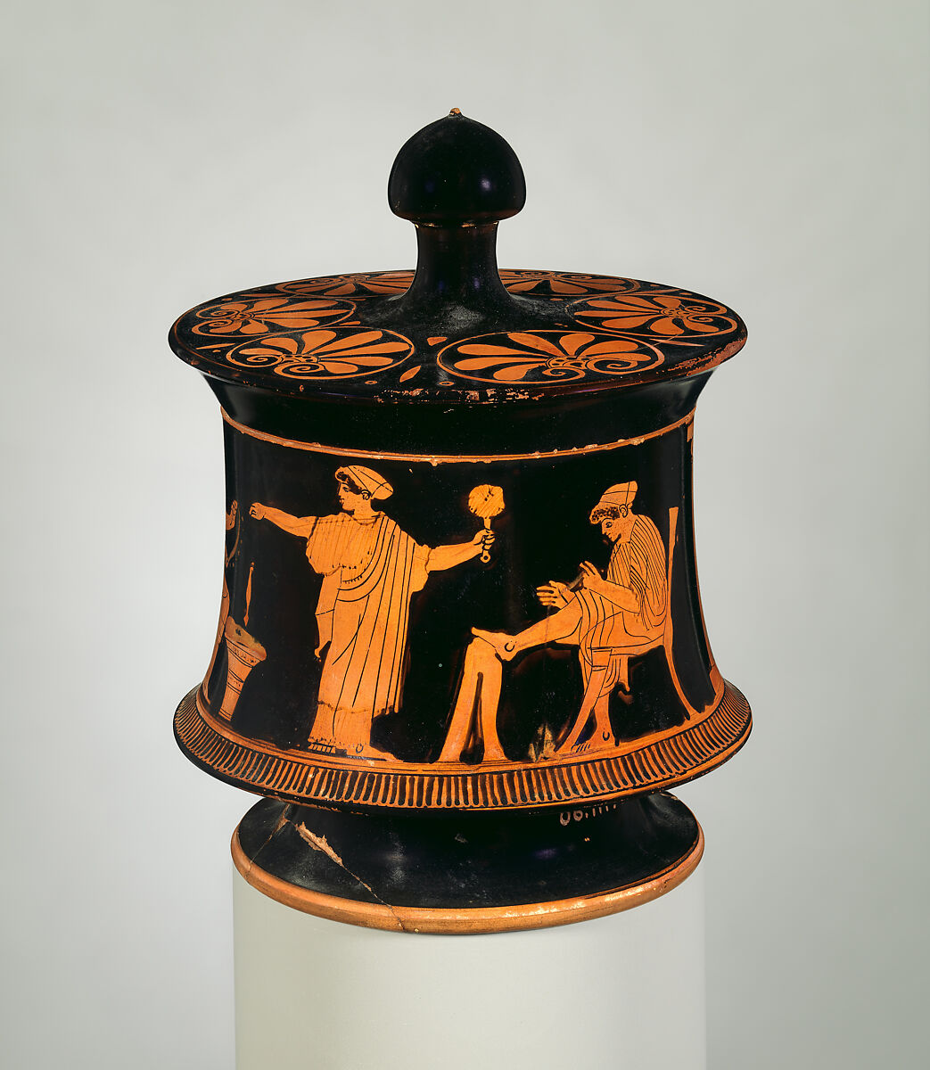 Terracotta pyxis (box) with lid, Attributed to the Painter of Philadelphia 2449, Terracotta, Greek, Attic