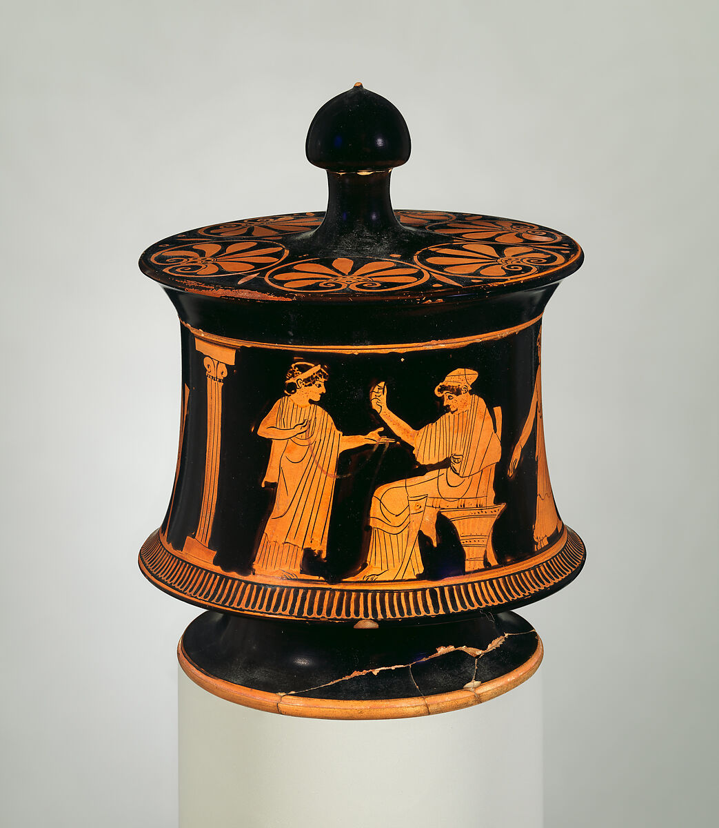 Terracotta pyxis (box) with lid, Attributed to the Painter of Philadelphia 2449, Terracotta, Greek, Attic 