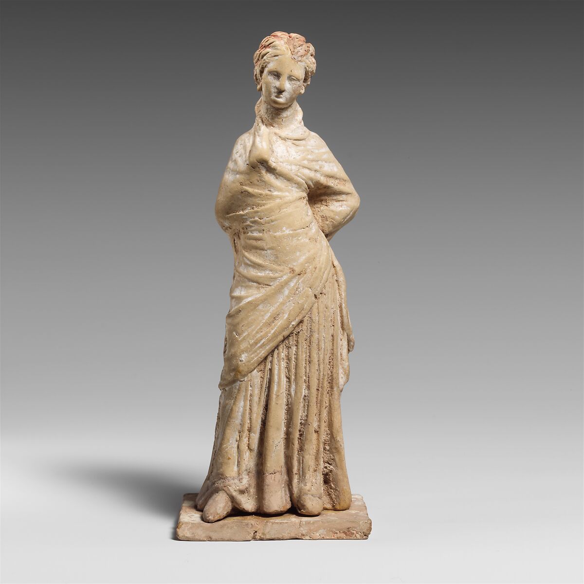 Terracotta statuette of a draped woman, Terracotta, Greek, Boeotian 