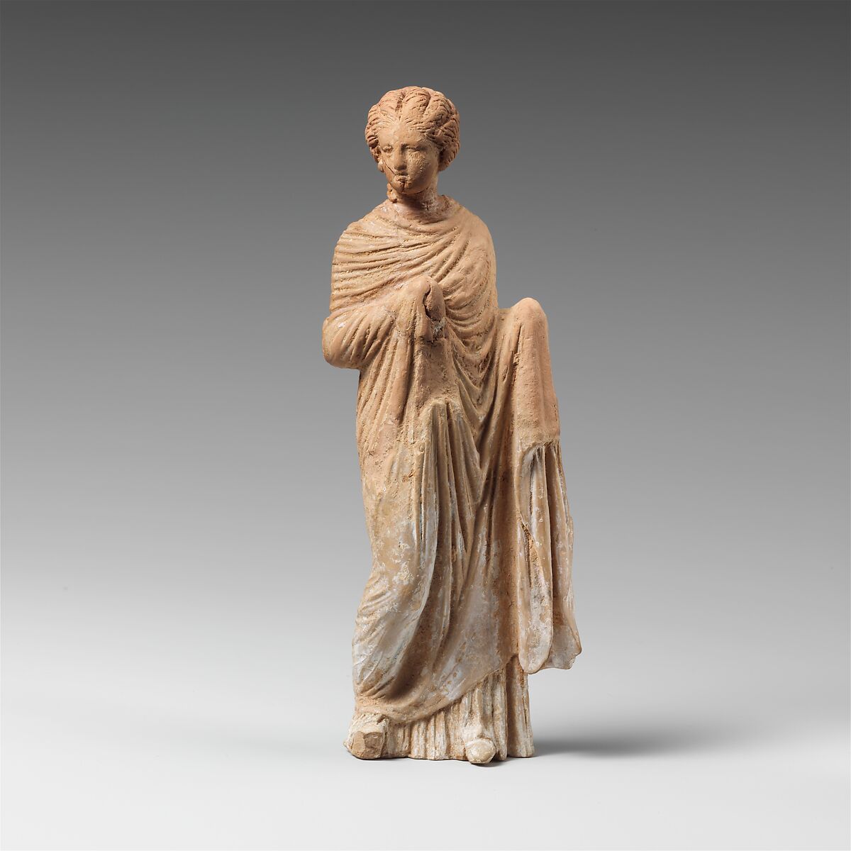Terracotta statuette of a draped woman, Terracotta, Greek, Attic 