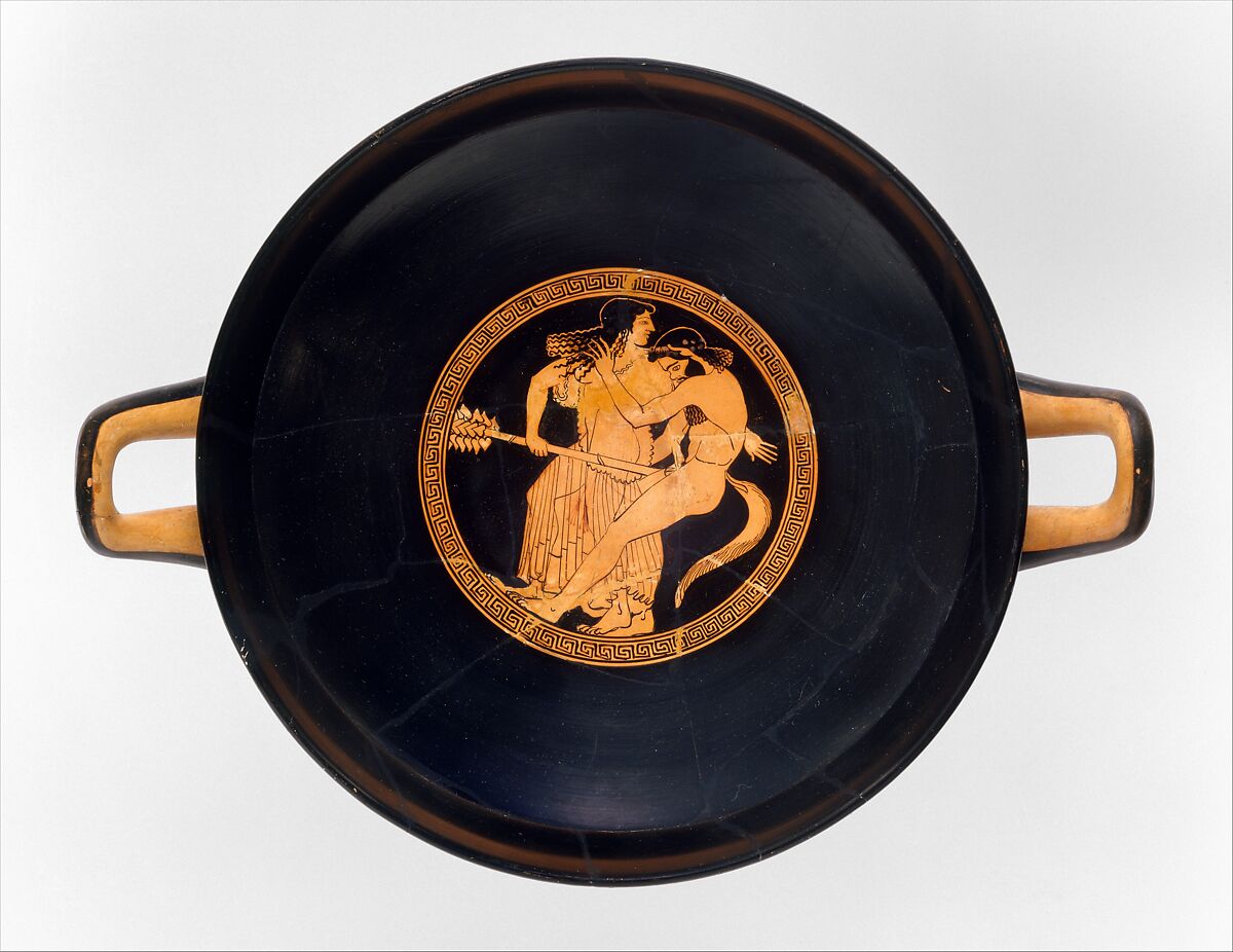 Terracotta kylix (drinking cup), Attributed to Makron, Terracotta, Greek, Attic 