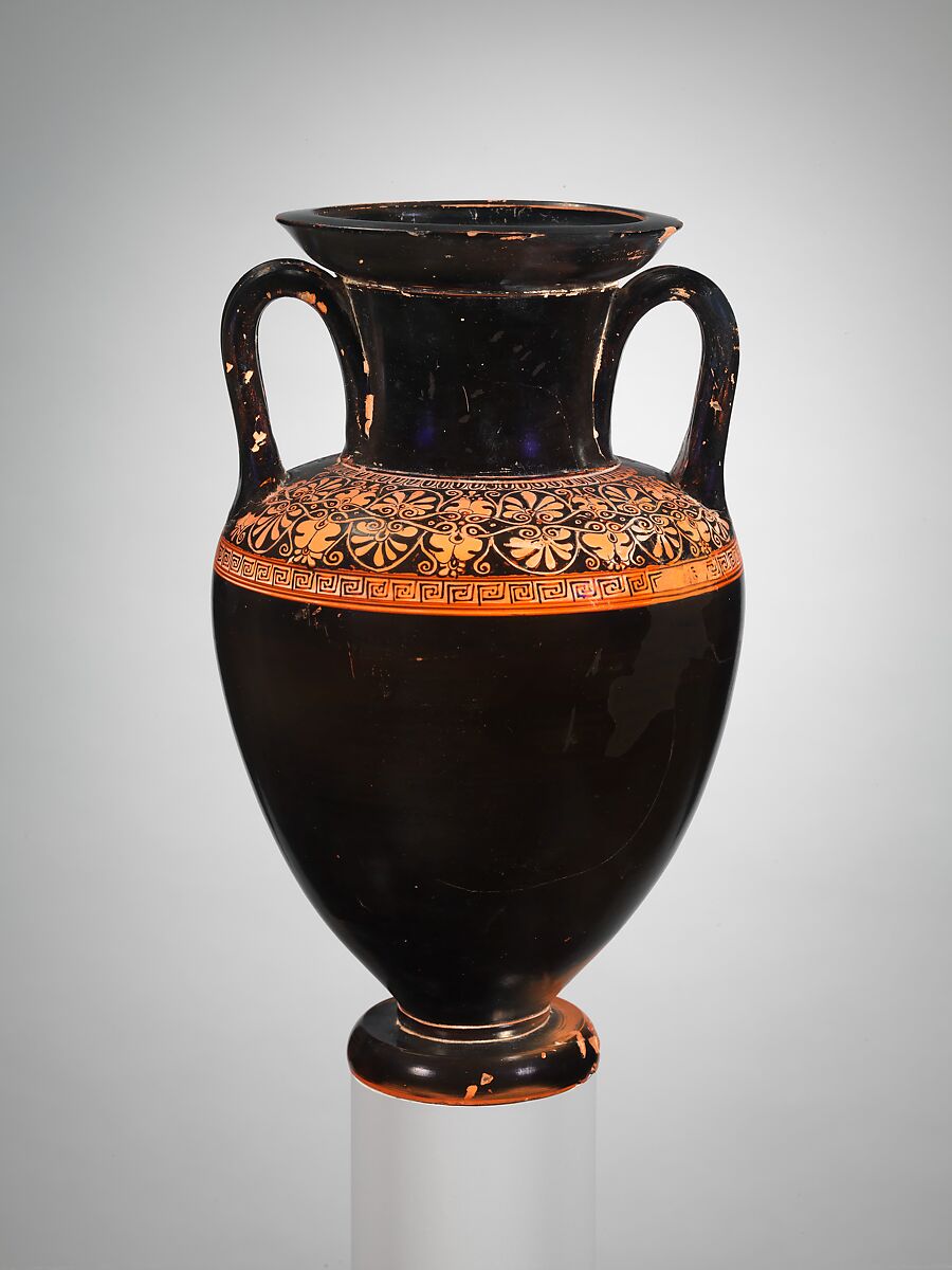 Terracotta Nolan neck-amphora (jar), Attributed to the Group of the Floral Nolans, Terracotta, Greek, Attic 