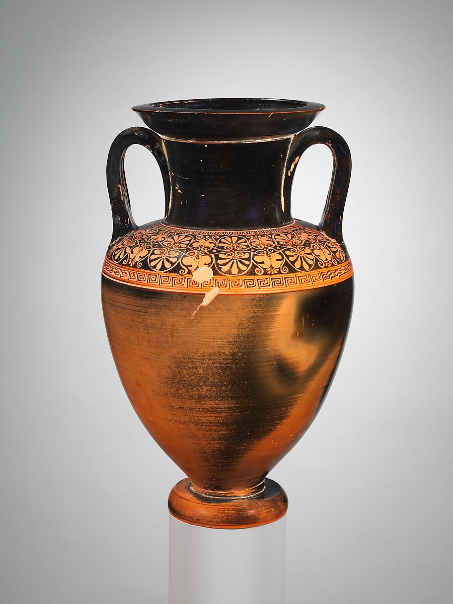 Terracotta Nolan neck-amphora (jar), Attributed to the Group of the Floral Nolans, Terracotta, Greek, Attic