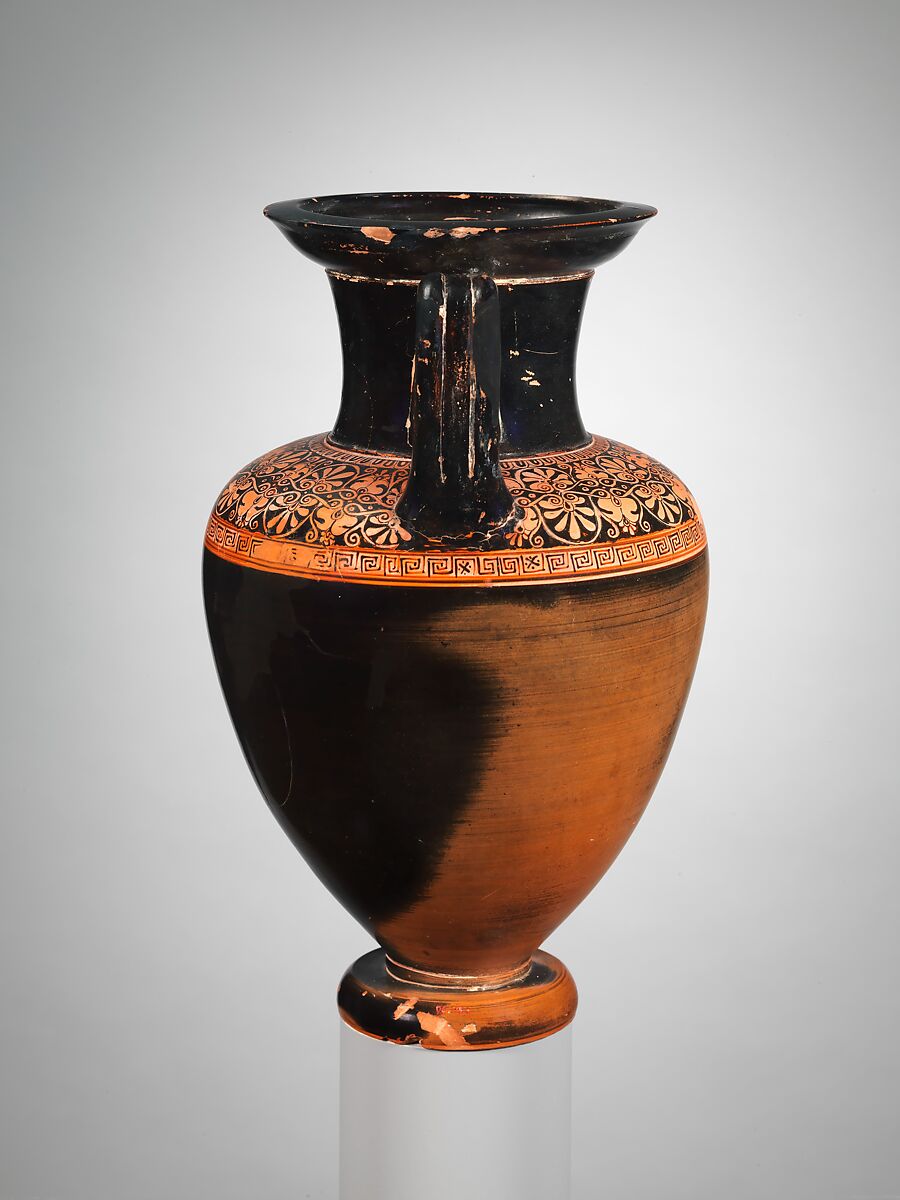 Terracotta Nolan neck-amphora (jar), Attributed to the Group of the Floral Nolans, Terracotta, Greek, Attic