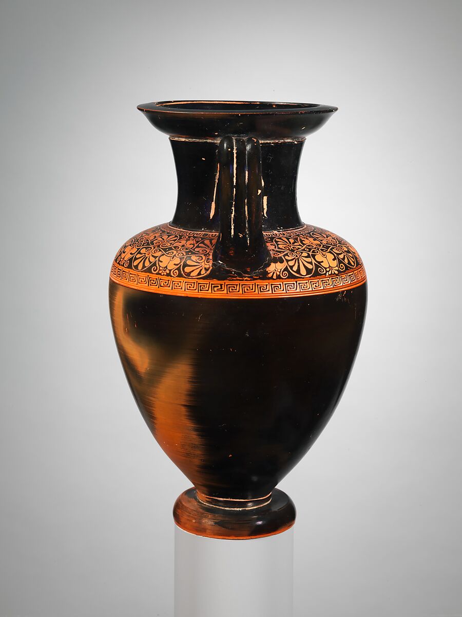 Terracotta Nolan neck-amphora (jar), Attributed to the Group of the Floral Nolans, Terracotta, Greek, Attic