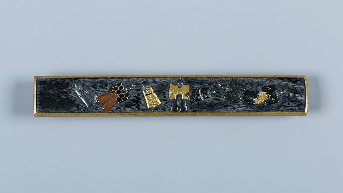 Knife Handle (Kozuka), Inscribed by Gotō Eijō (Japanese, 1577–1617, sixth-generation Gotō master), Copper-gold alloy (shakudō), gold, copper, Japanese 