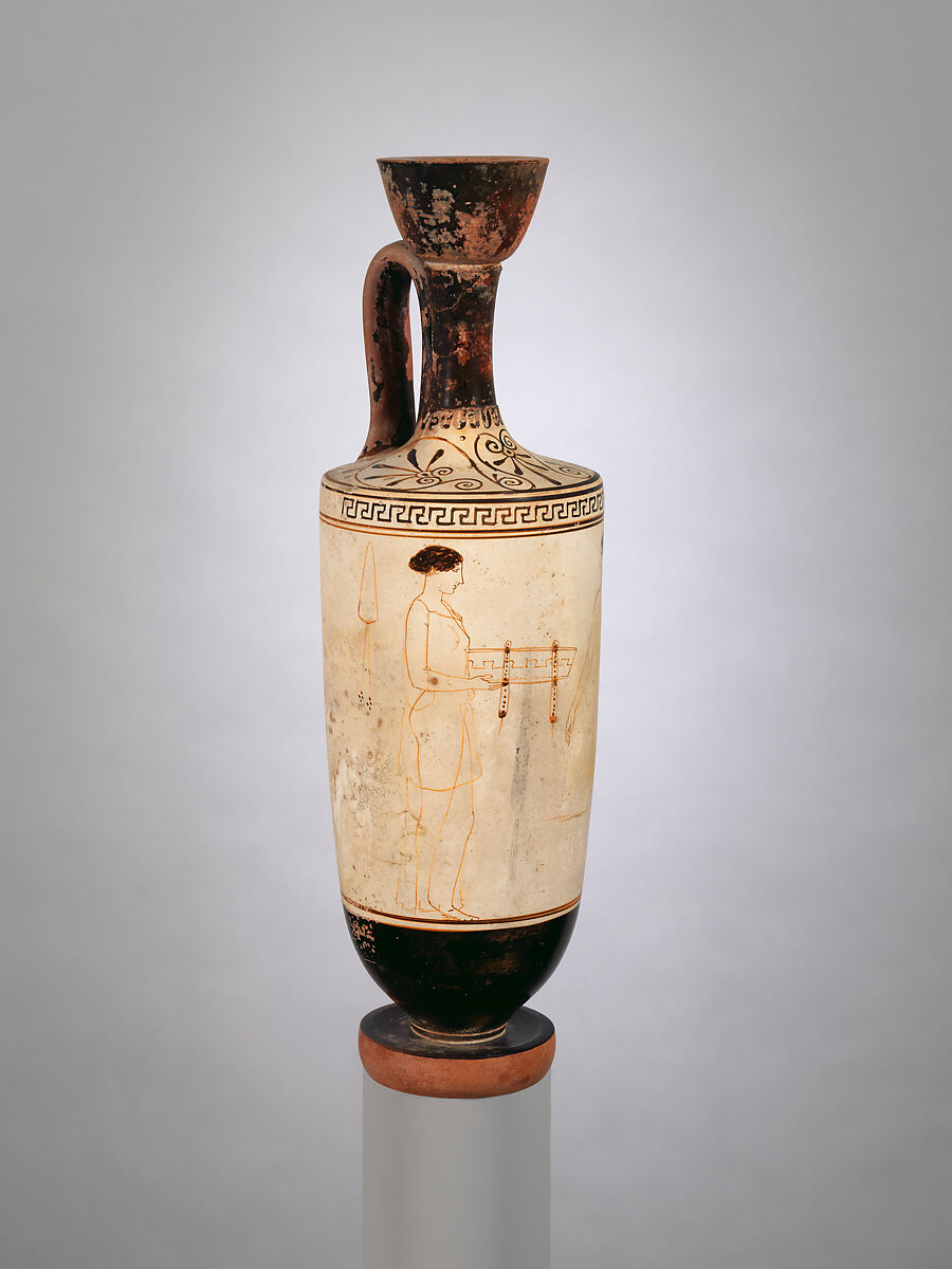 Terracotta lekythos (oil flask), Attributed to the Achilles Painter, Terracotta, Greek, Attic