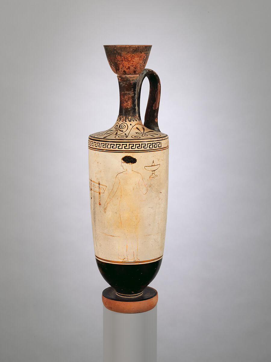 Terracotta lekythos (oil flask), Attributed to the Achilles Painter, Terracotta, Greek, Attic