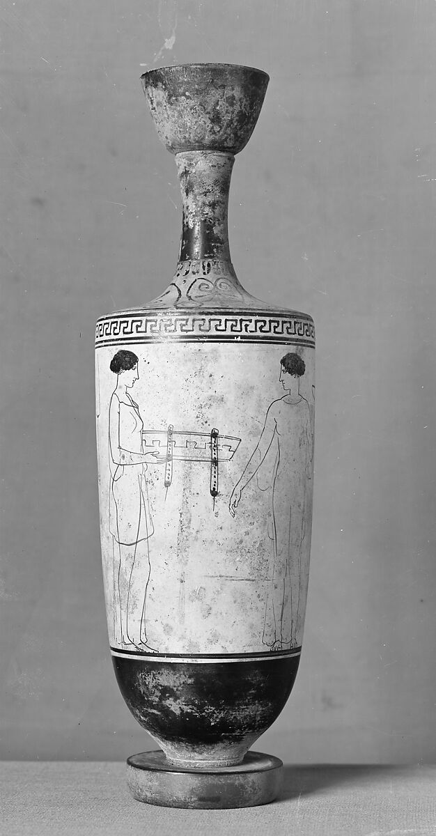 Terracotta lekythos (oil flask), Attributed to the Achilles Painter, Terracotta, Greek, Attic 