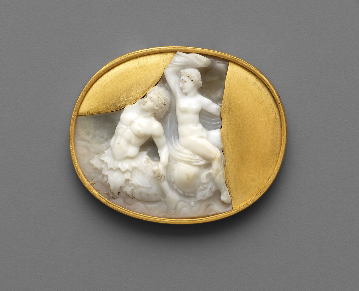 Sardonyx cameo with a nereid riding on Triton's back, Sardonyx, Greek or Roman 