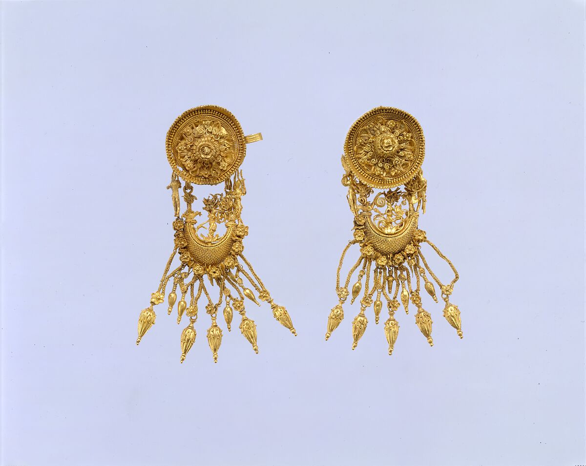 Pair of gold earrings with disk and boat-shaped pendant, Gold, Greek 