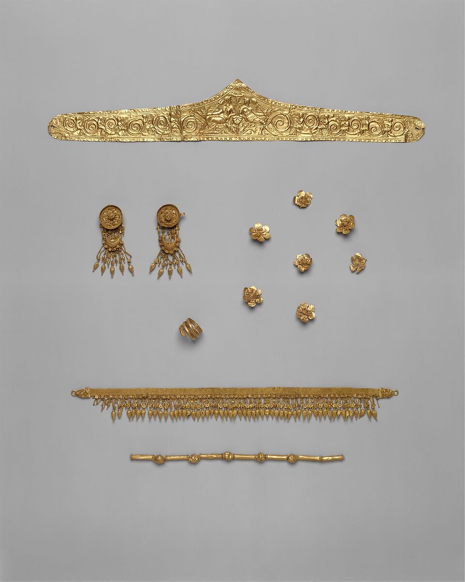 Gold necklace of beads and tubes, Gold, Greek 
