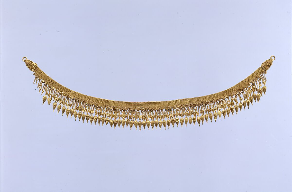 Gold strap necklace with seedlike pendants, Gold, Greek