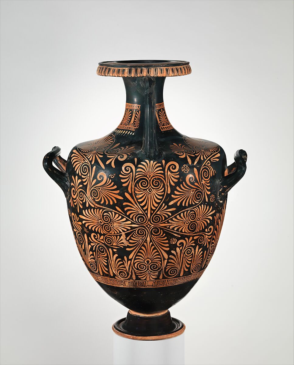 Terracotta hydria (water jar), Attributed to the Group of B.M. F 308, Terracotta, Greek, South Italian, Apulian
