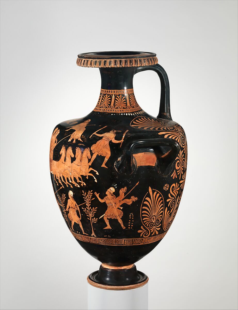 Terracotta hydria (water jar), Attributed to the Group of B.M. F 308, Terracotta, Greek, South Italian, Apulian