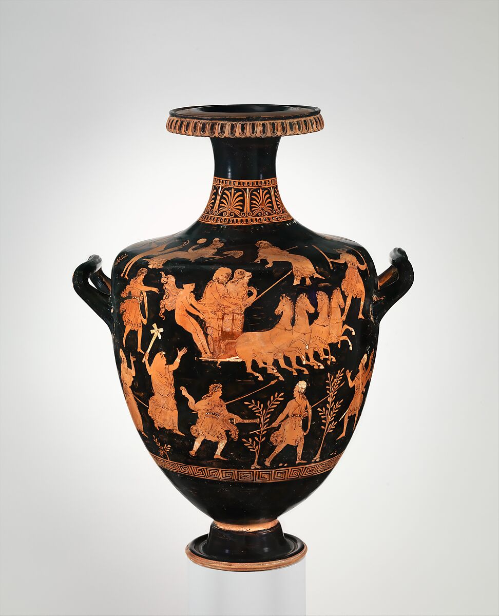 Terracotta hydria (water jar), Attributed to the Group of B.M. F 308, Terracotta, Greek, South Italian, Apulian 