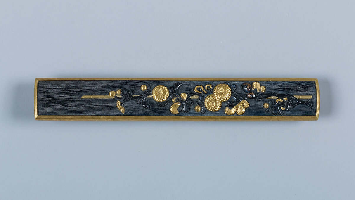Knife Handle (Kozuka), Inscribed by Gotō Renjō (Mitsutomo) (Japanese, 1628–1708, tenth-generation Gotō master), Copper-gold alloy (shakudō), gold, Japanese 