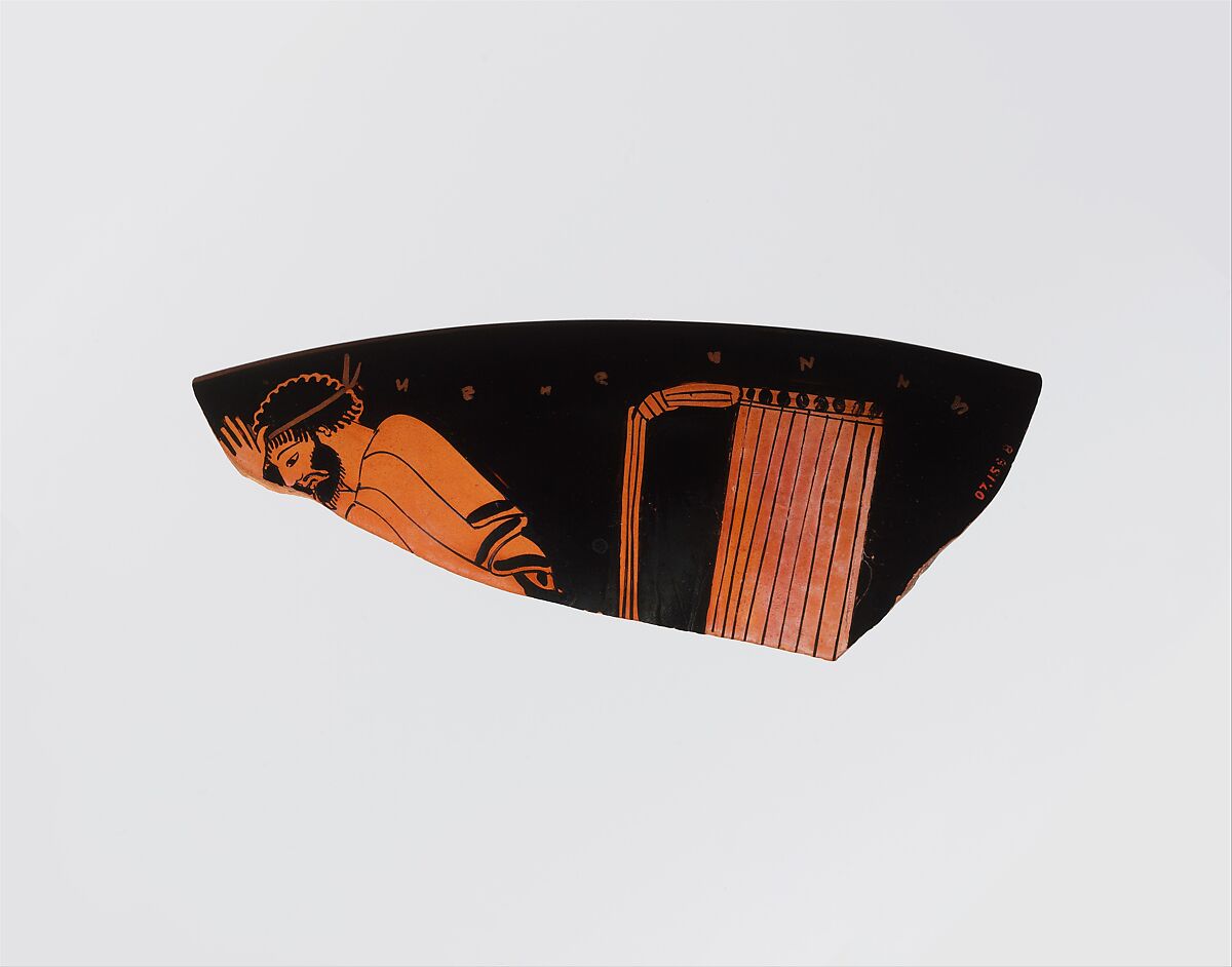 Fragment of a terracotta kylix (drinking cup), Attributed to the Foundry Painter, Terracotta, Greek, Attic 