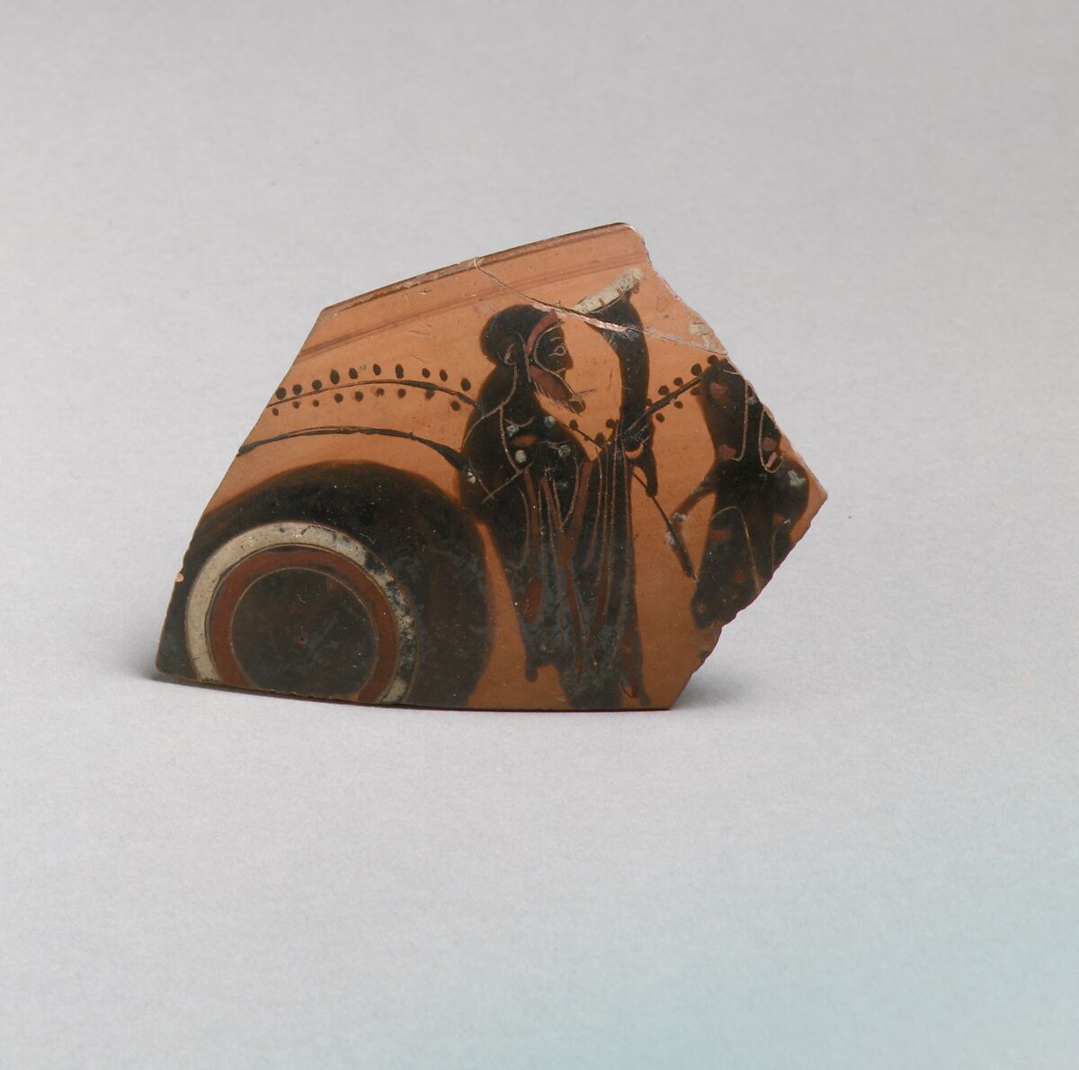 Kylix, eye-cup fragment, Terracotta, Greek, Attic 