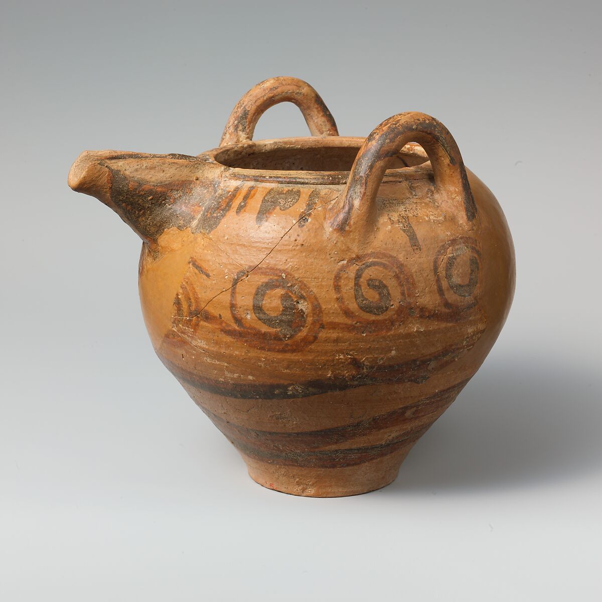 Terracotta bridge-spouted jar, Terracotta, Minoan 